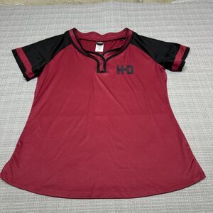 Harley-Davidson XXL Women Shirt Burgundy Black Henley Raglan Tee Moto Biker Logo